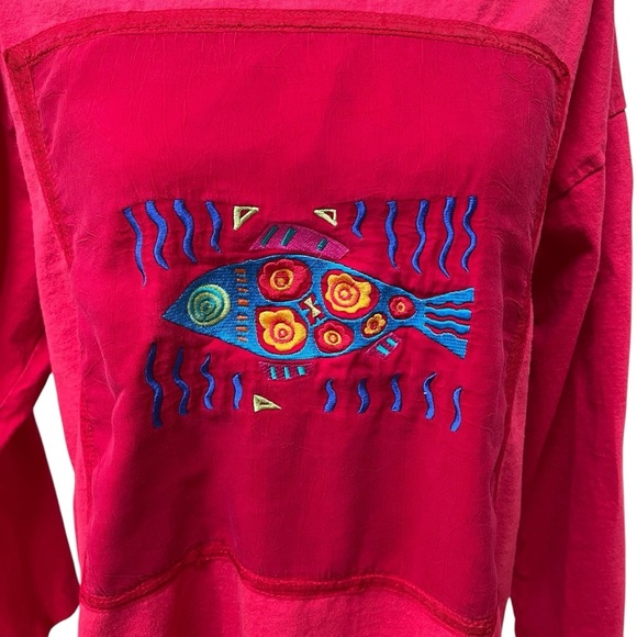 Vintage Johnny Was Women’s Red Long Sleeve Shirt Embroidered Fish One Size - Picture 2 of 8